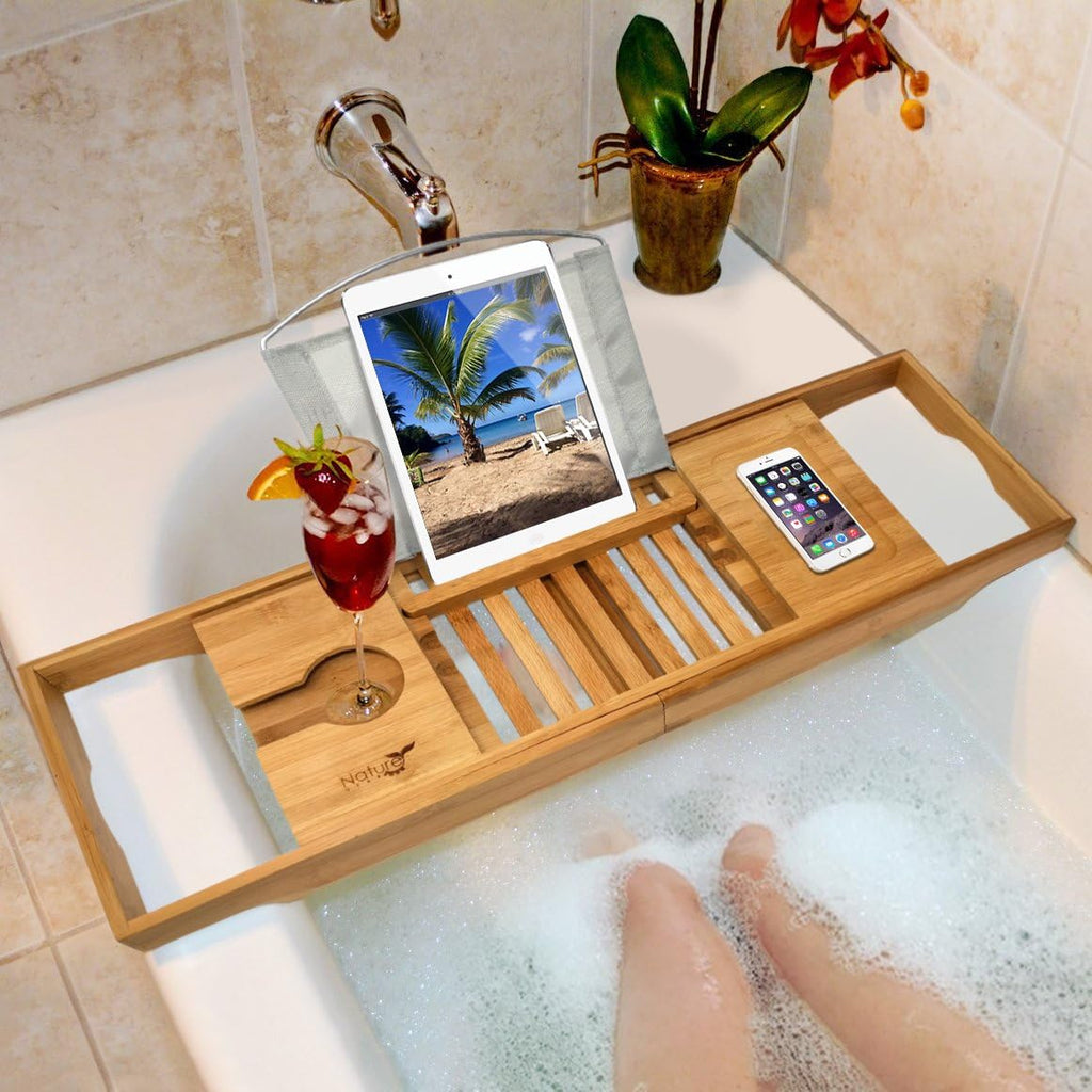 Wooden Bamboo Bathtub Tray with Wine Holder, Pack of 2 T554051