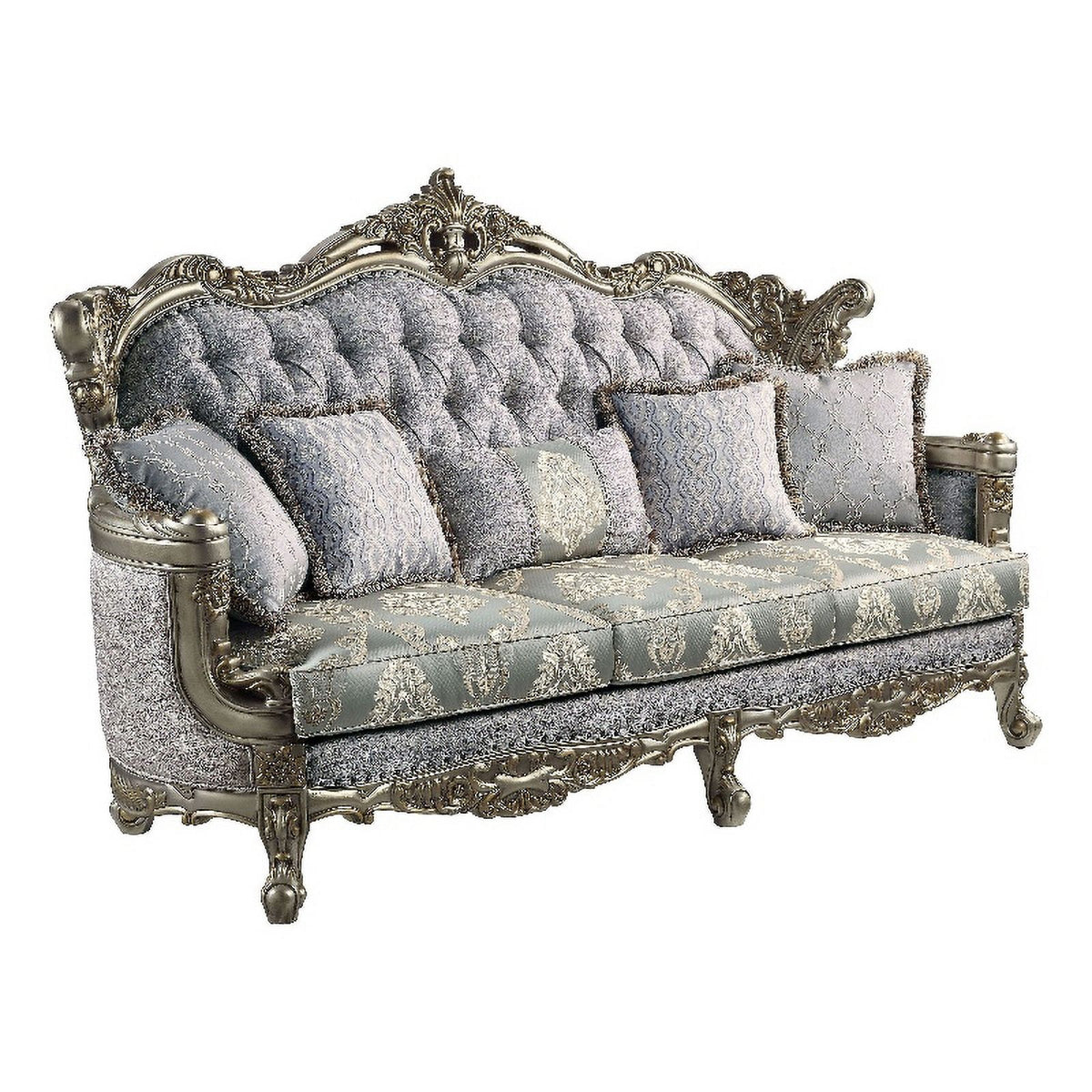 Tufted Fabric & Wood Sofa with 5 Pillows in Gray/Bronze Q135