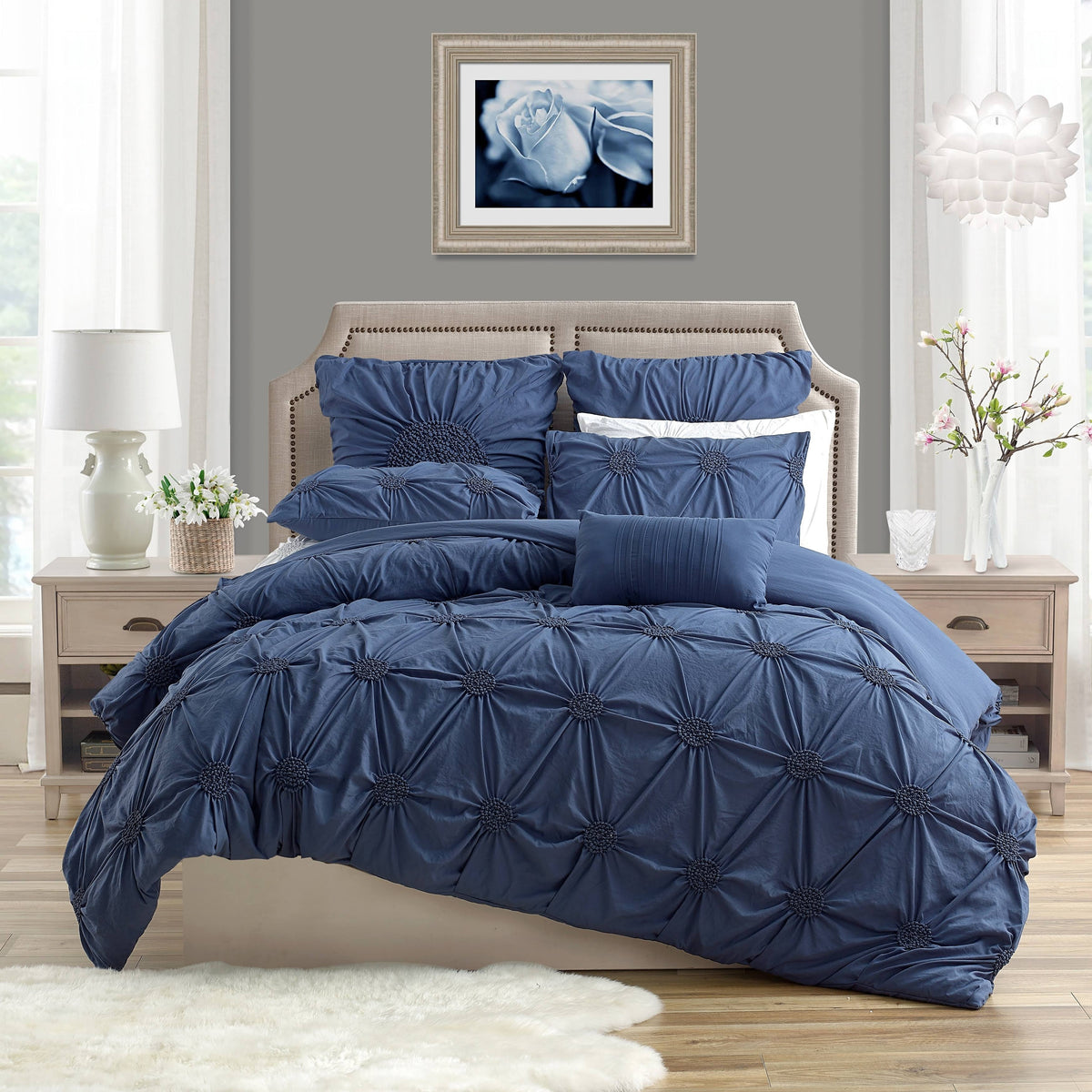 Pale Blue Ruched Duvet Cover Set Full/Queen Q2206