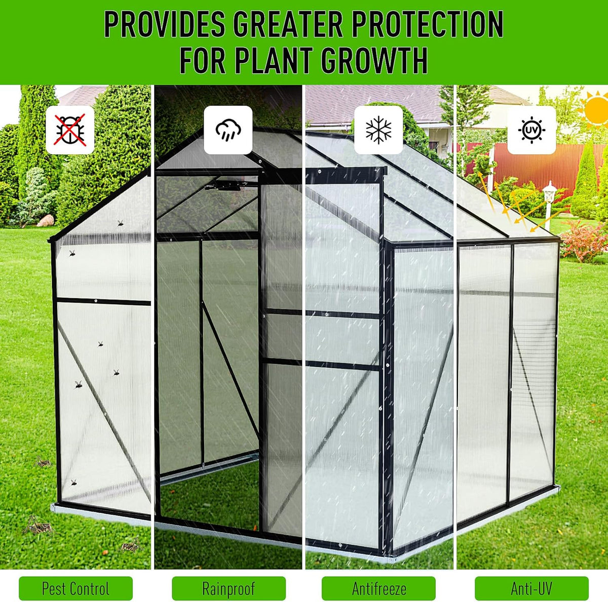 10x6 FT Polycarbonate Greenhouses with Sliding Door and Adjustable Vent Window, Black U3253