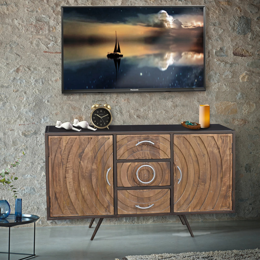 Recycled Mango Wood and Metal Buffet with 3 Drawers and 2 Doors I8054