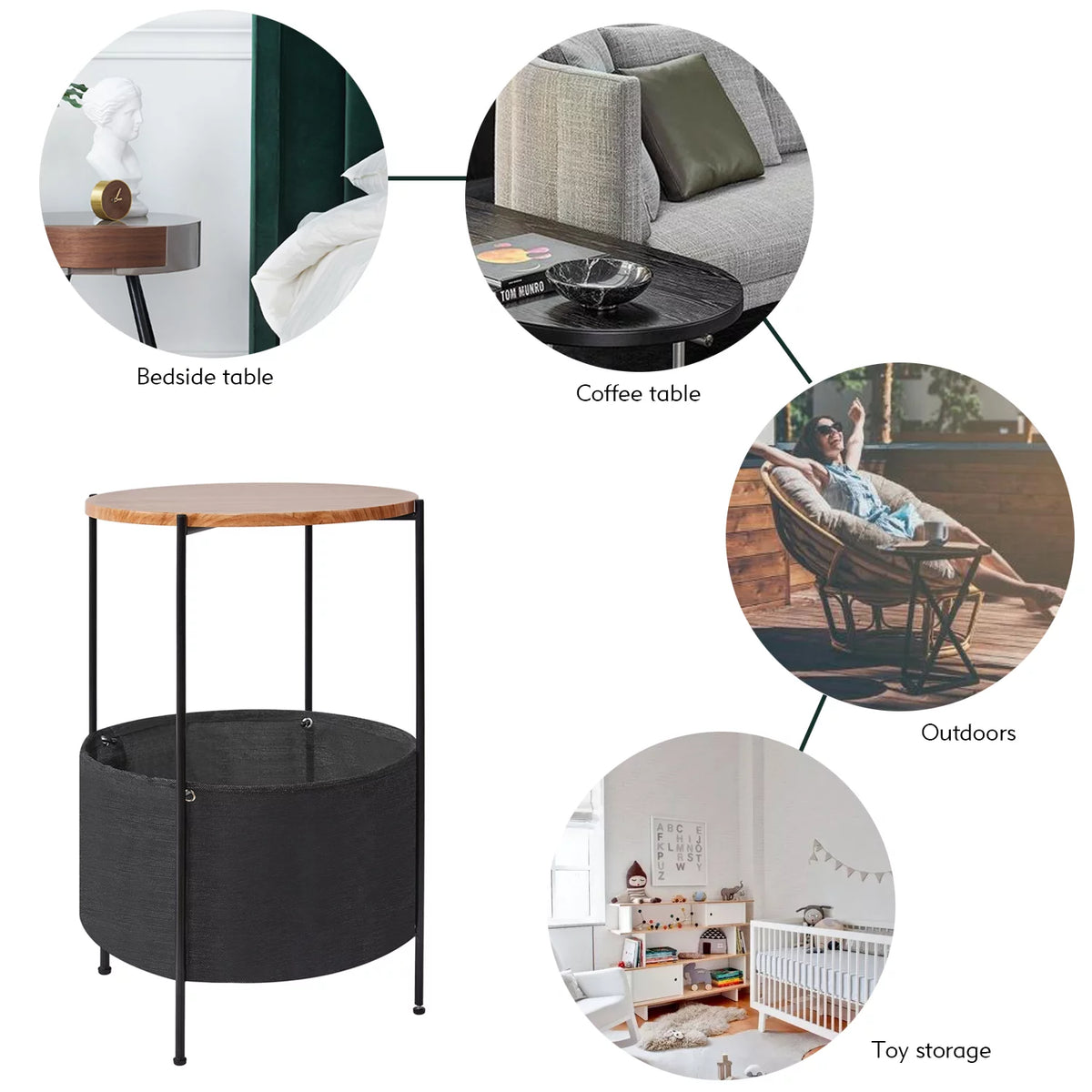 Round Wood Bedside Table with Storage Basket J496