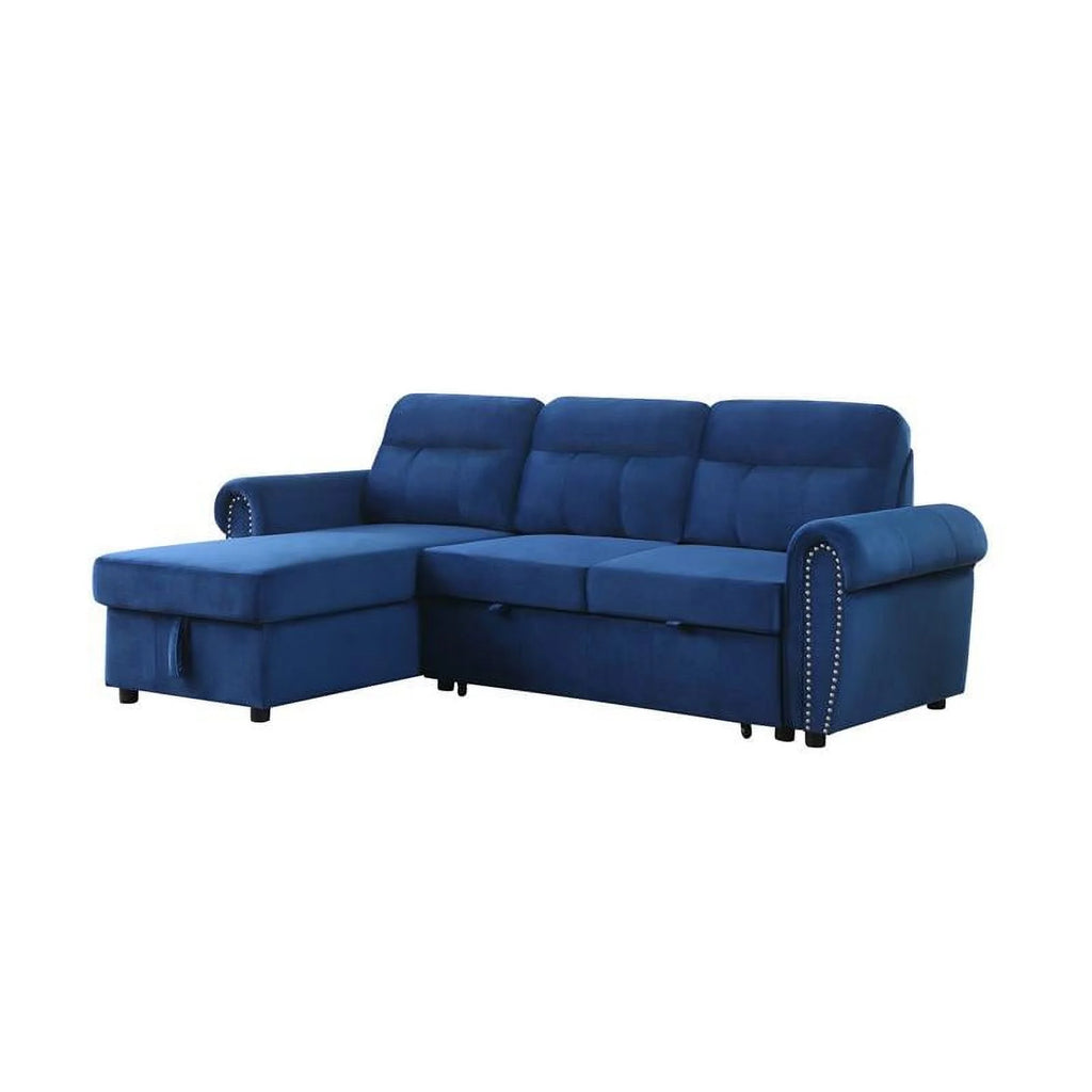 Blue Velvet Reversible Sleeper Sectional Sofa Chaise Q309044