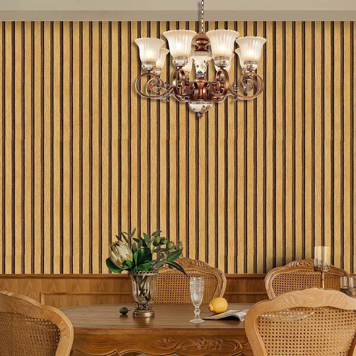Glossy Light Brown Wood Grain Stripe Wallpaper V148