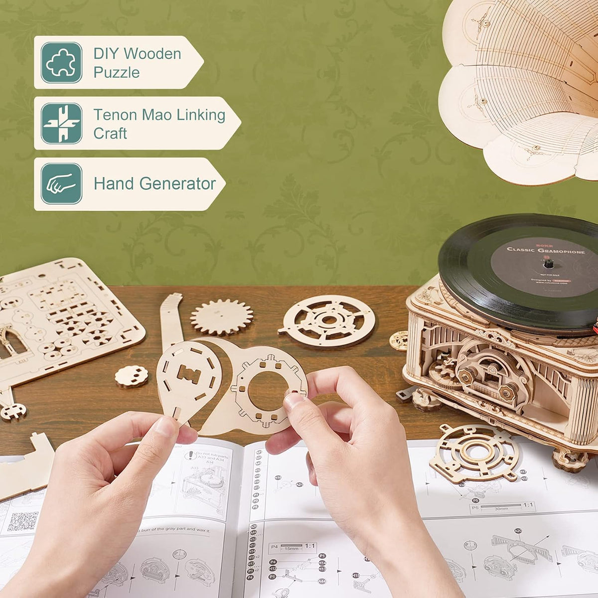 3D Wooden Puzzles Record Player DIY Mechanical Gramophone A1338
