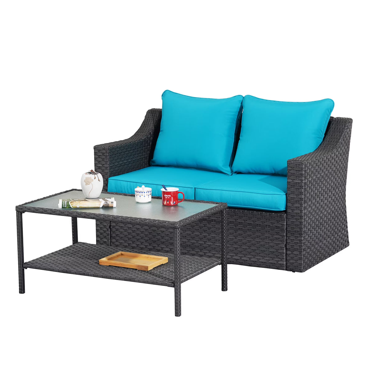 Gray Rattan Patio Loveseat with Glass Table B7611