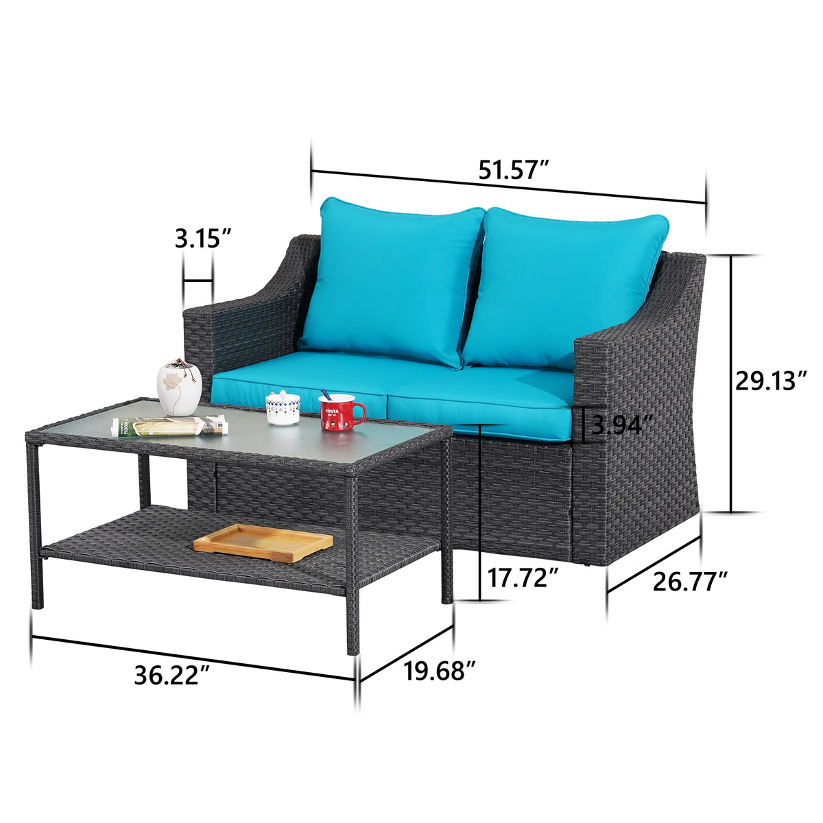 Gray Rattan Patio Loveseat with Glass Table B7611