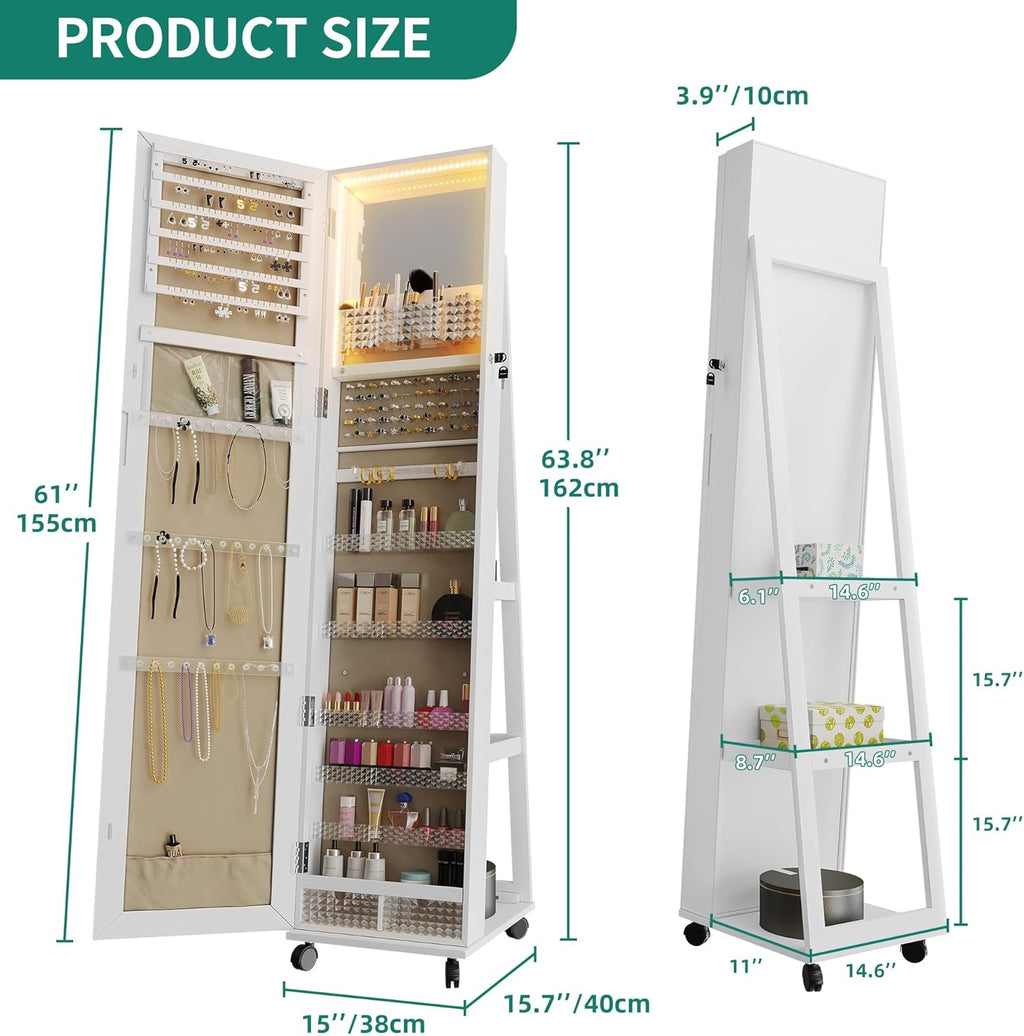 White Full Length Mirror Jewelry Cabinet with Lights J904