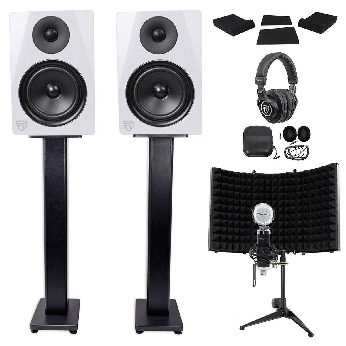 Studio Monitors with Stands, Headphones, Mic, Shield W779