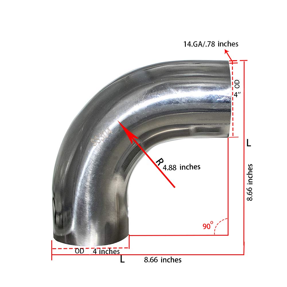 Stainless 4" 90 Degree Mandrel Bend Elbow 14GA .078" Wall 1.5" Leg SS304 Pack of 2 T82536