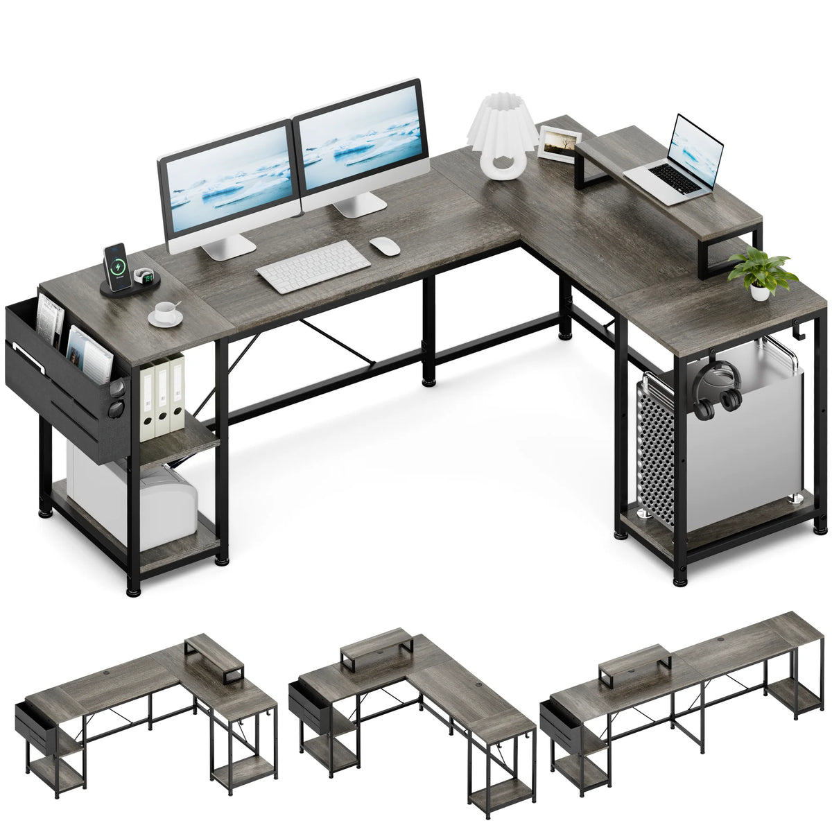 95" Grey Reversible L-Shaped Wood & Metal Computer Desk R30488