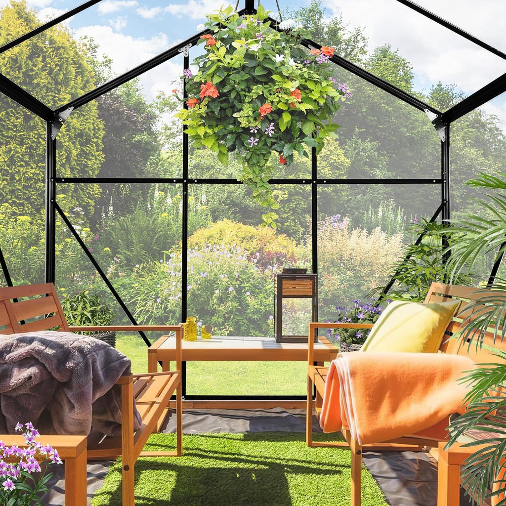 10x6 FT Polycarbonate Greenhouses with Sliding Door and Adjustable Vent Window, Black U3253