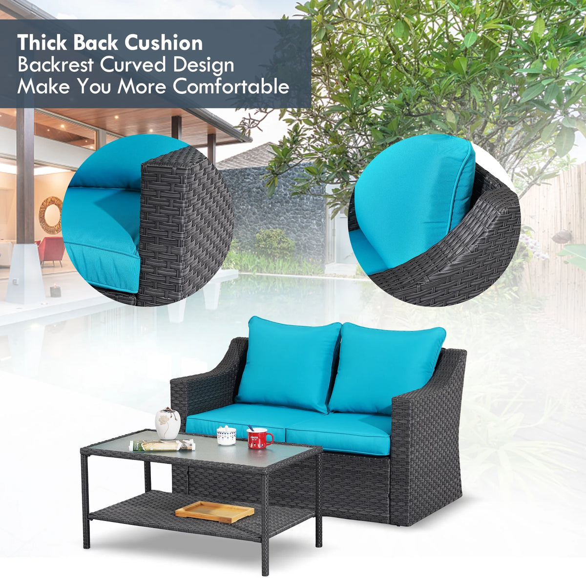 Gray Rattan Patio Loveseat with Glass Table B7611