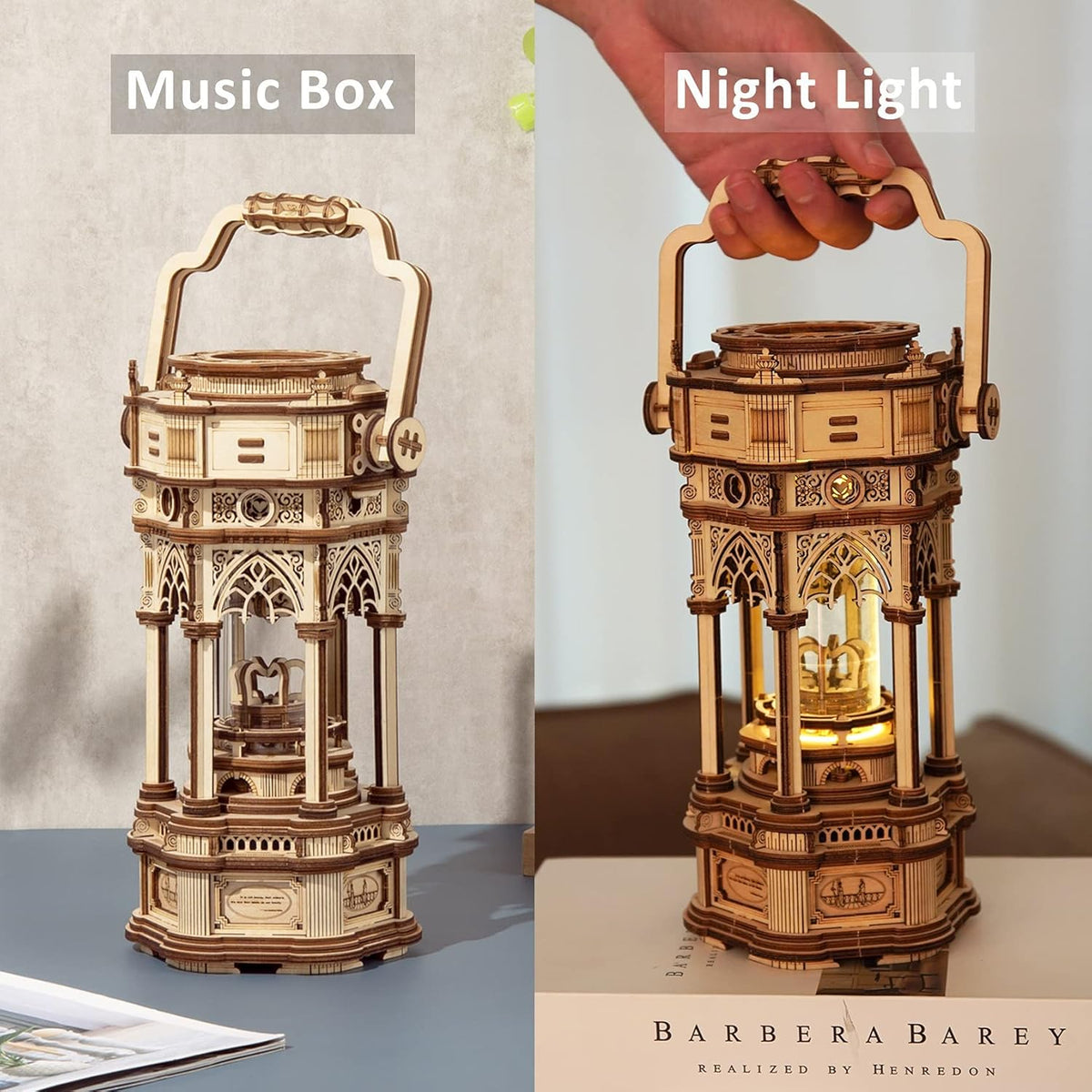 3D Wooden Puzzles Mechanical Music Box DIY Rotating Vintage LED Lantern 11.8 S4576