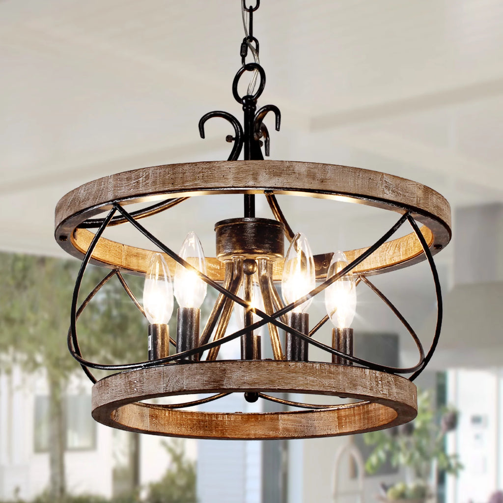 5-Light Rustic Pendant Light Adjustable Height Distressed Wood Caged Chandelier Q160444