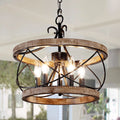 5-Light Rustic Pendant Light Adjustable Height Distressed Wood Caged Chandelier Q160444