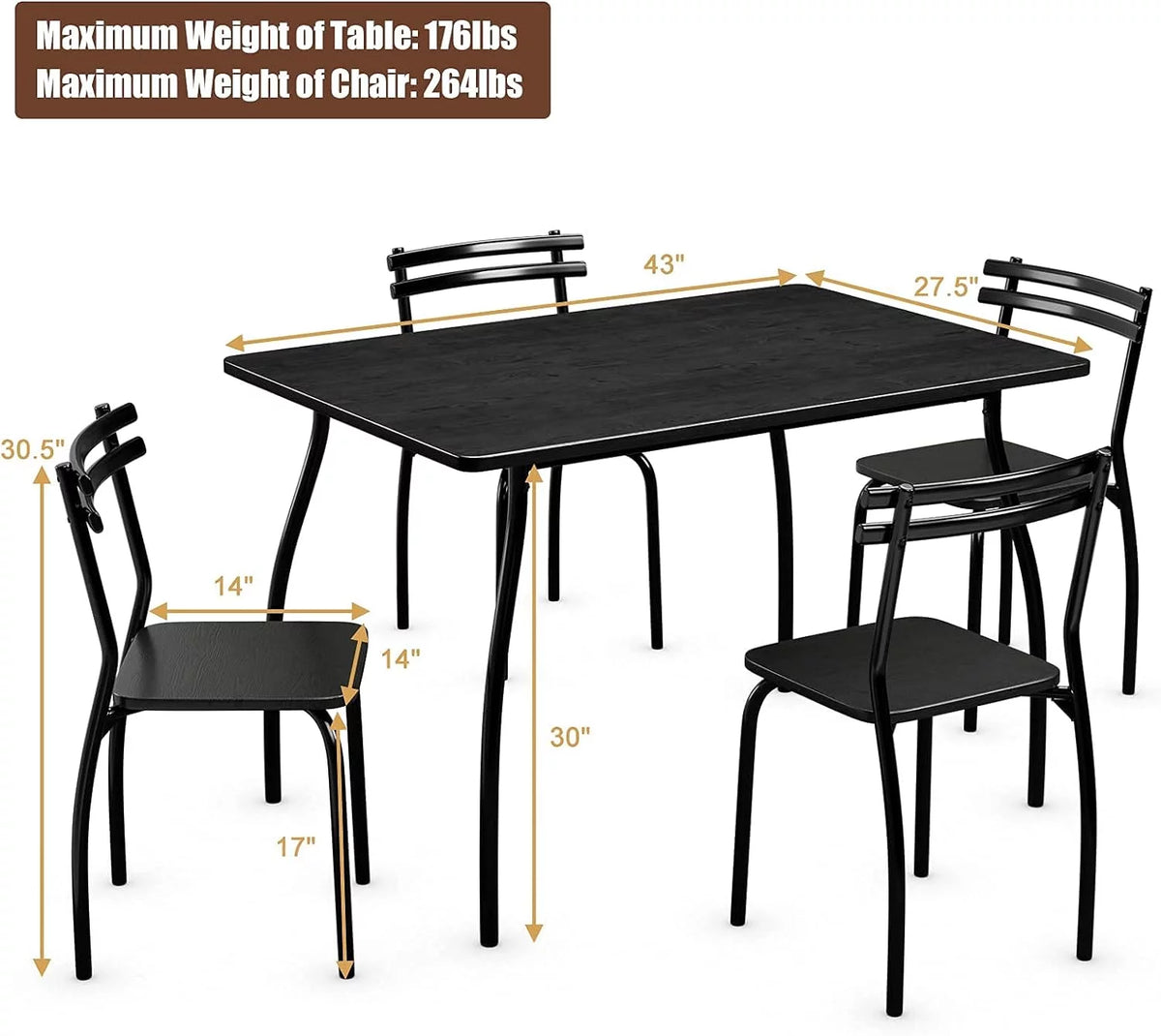 Modern Metal and Wood Rectangular Dining Table Set with 4 Chairs U4216