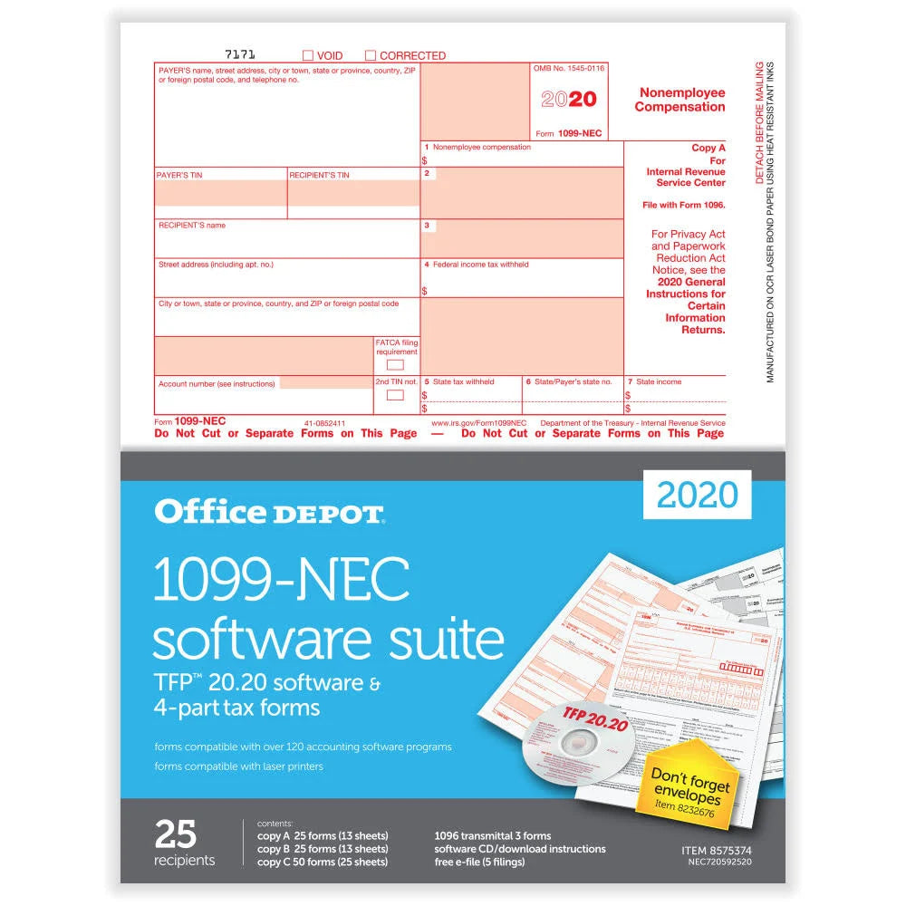1099-NEC Laser Tax Forms, 2-Up, 4-Part, 8-1/2 inch x 11 inch, Pack of 25 W80822