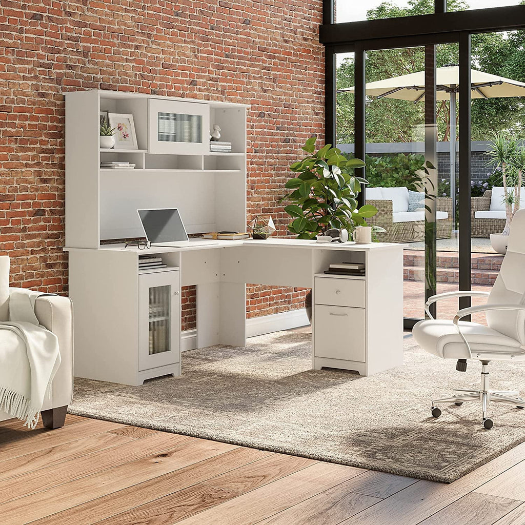 60W L Shaped Computer Desk with Hutch White V7204