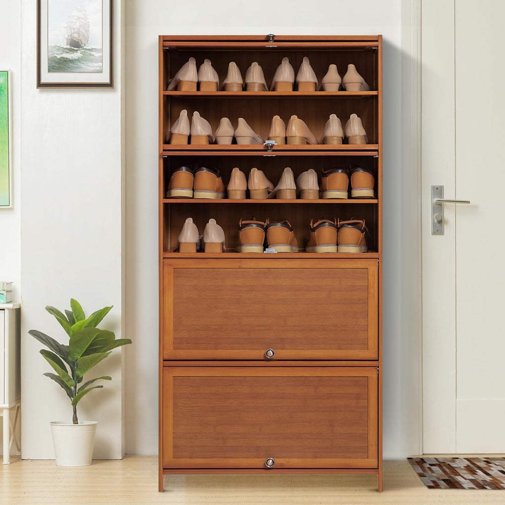 Bamboo 8 Tier Shoe Shelf Storage Rack with Flip Doors J3376