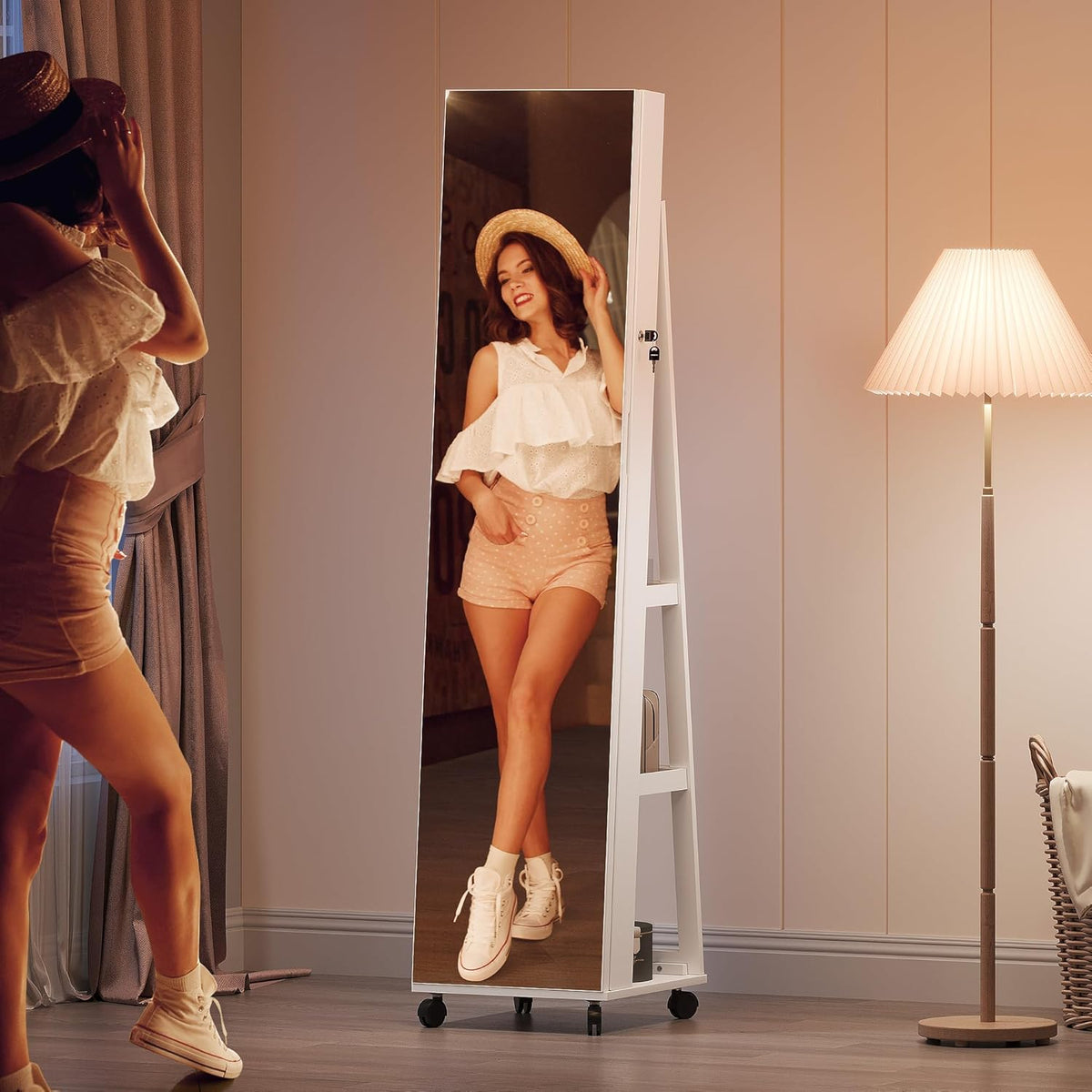 White Full Length Mirror Jewelry Cabinet with Lights J904