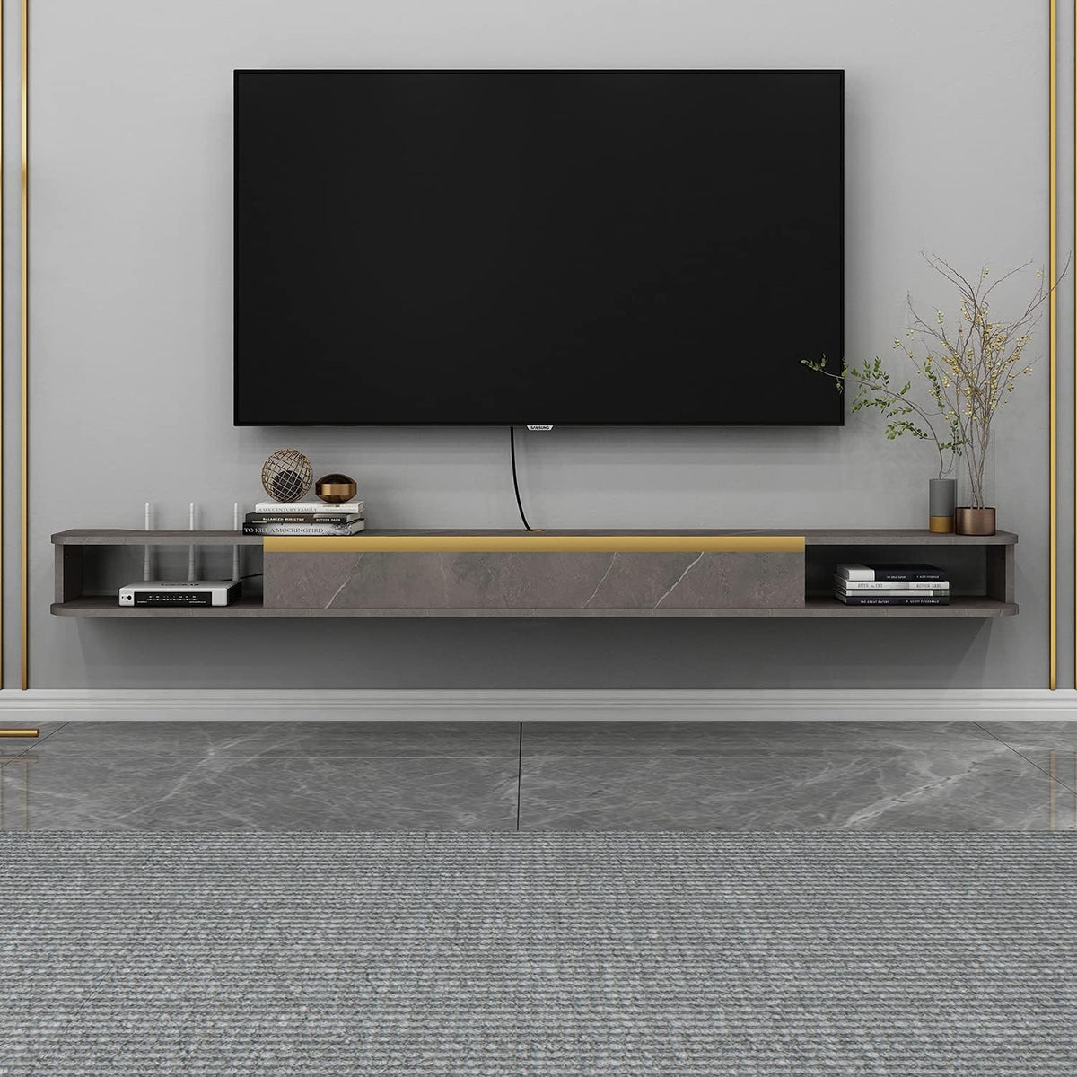47.24 in Dark Gray Wall Mounted Wood TV Shelf with 3 Doors V694085