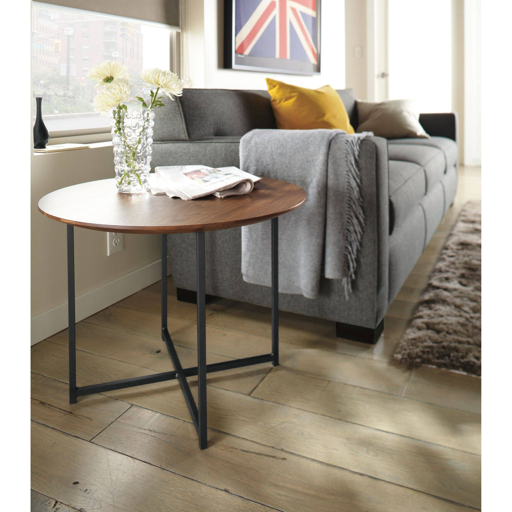 Modern Classic Round End Table with Recycled Natural Steel and Satin Etched Tempered Glass Top P8631