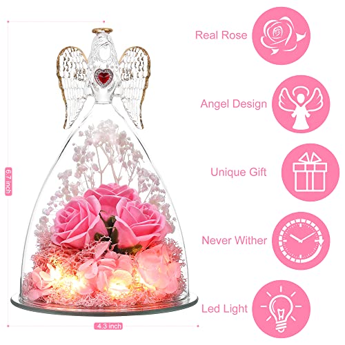Preserved Flower Three Real Roses in Glass Angel Figurines Pink K466