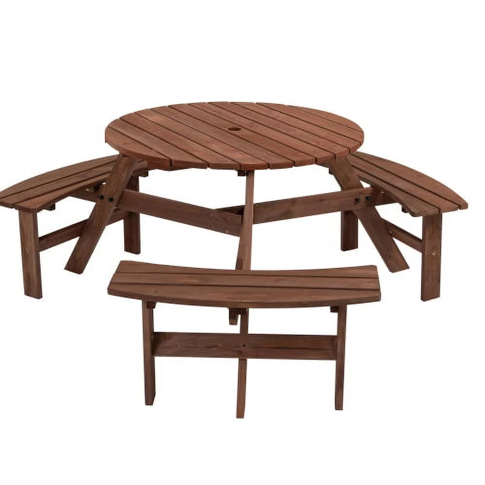 6-Person Circular Outdoor Wooden Picnic Table with 3 Built-in Benches D69791