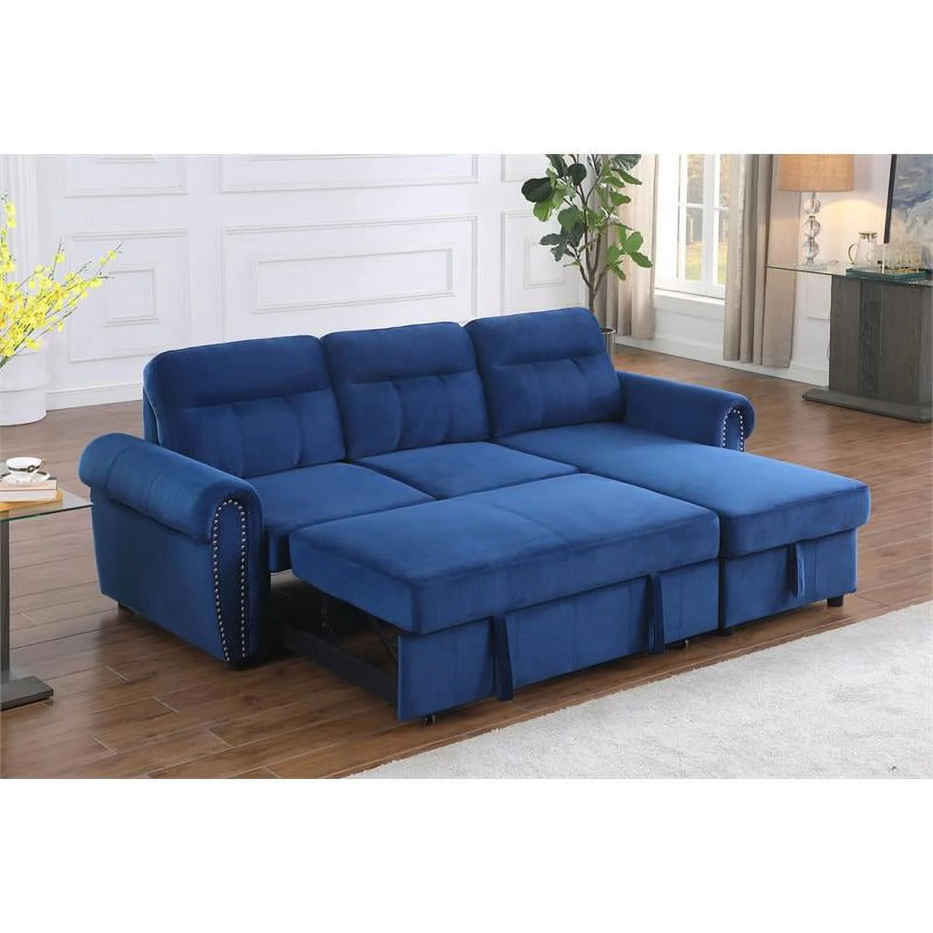 Blue Velvet Reversible Sleeper Sectional Sofa Chaise Q309044