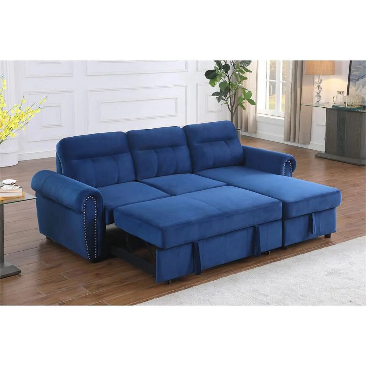 Blue Velvet Reversible Sleeper Sectional Sofa Chaise Q309044