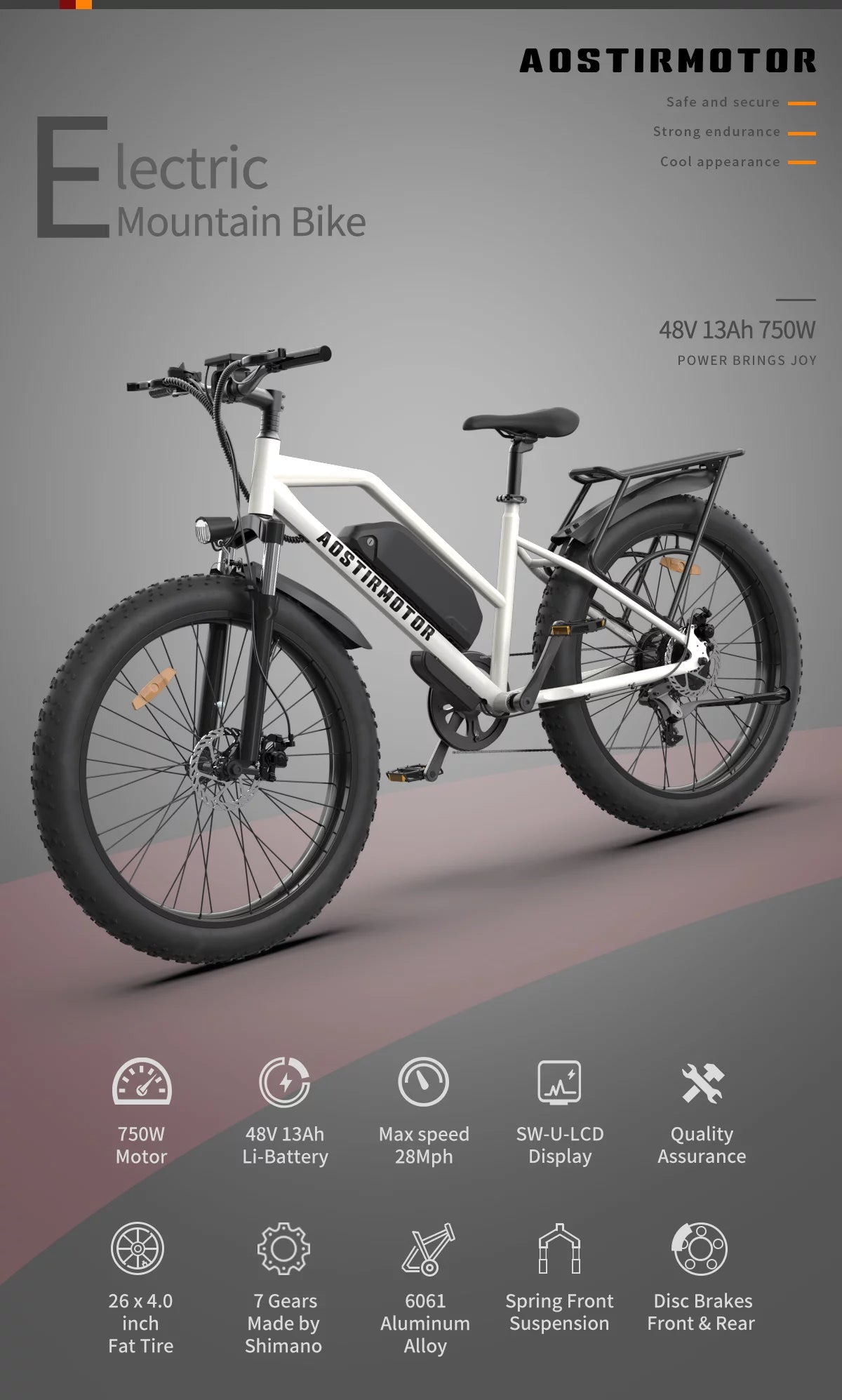 750W Electric Bike Fat Tire 48V 13AH Removable Lithium Battery White P6291