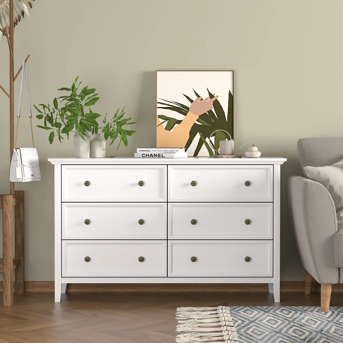 White 6 Drawer Solid Wood Dresser I652154