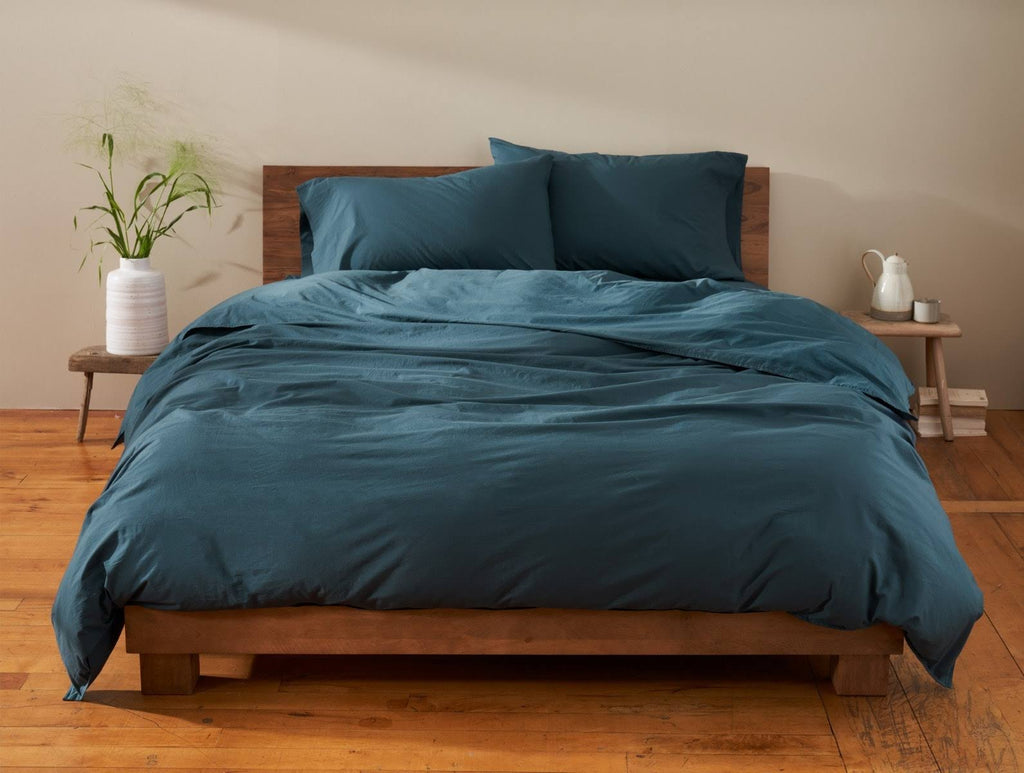 Organic Crinkled Percale King Duvet Cover Steel Blue I6214
