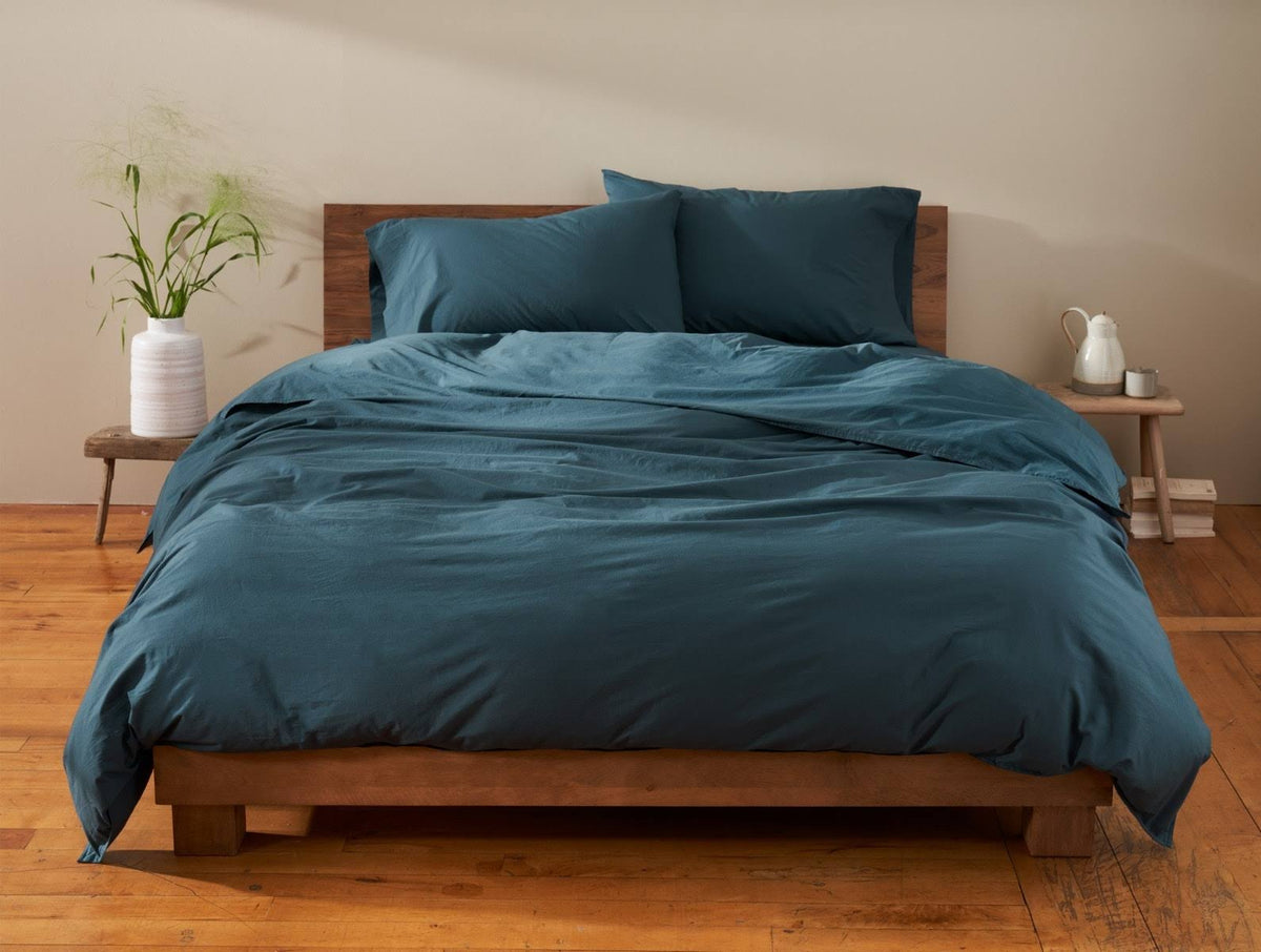 Organic Crinkled Percale King Duvet Cover Steel Blue I6214