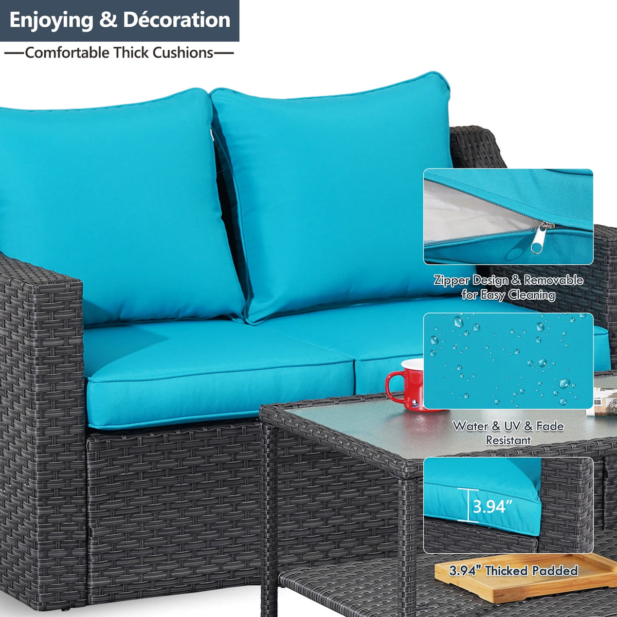 Gray Rattan Patio Loveseat with Glass Table B7611