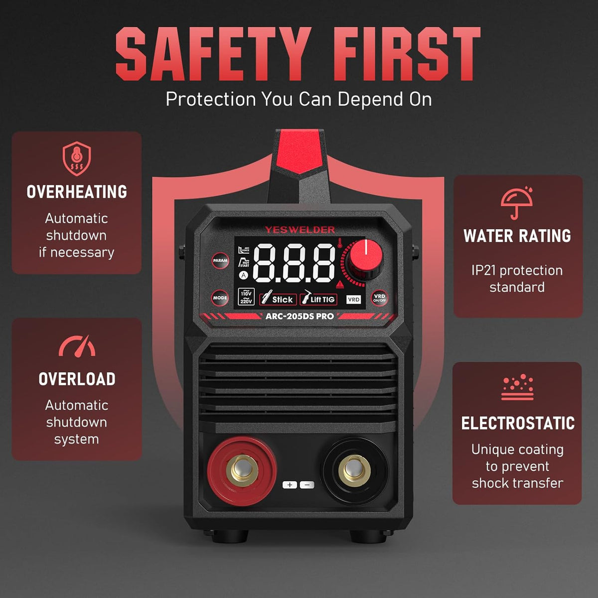 205Amp Stick Welder with Lift TIG Torch, Large LED Display, 110V/220V Dual Voltage Portable Welding Machine, Flip Front Welding Hood Helmet R8148