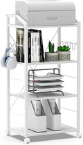 White 4-Tier Mobile Printer Stand Utility Cart Wooden Adjustable Shelves with 8 Hooks Caster Wheels C628