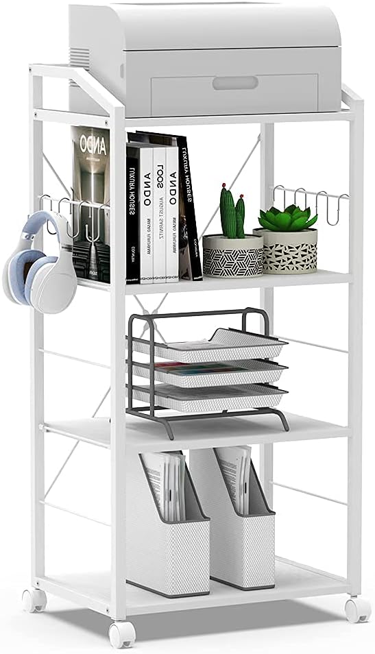 White 4-Tier Mobile Printer Stand Utility Cart Wooden Adjustable Shelves with 8 Hooks Caster Wheels C628
