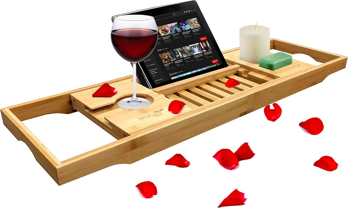 Wooden Bamboo Bathtub Tray with Wine Holder, Pack of 2 T554051