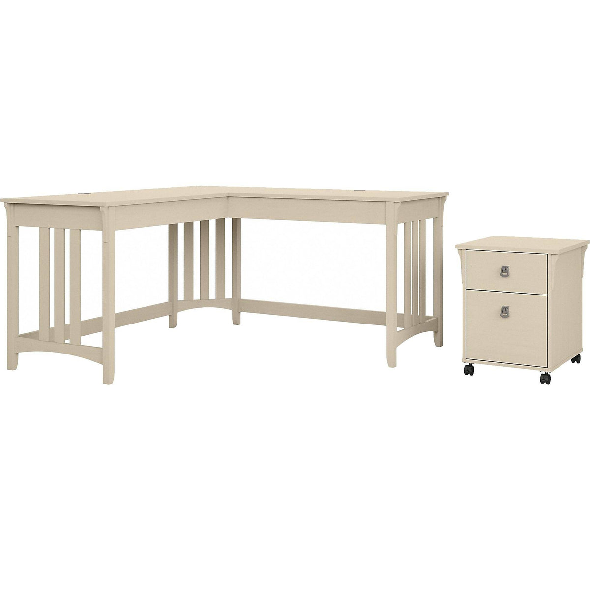 Antique White L-Shaped Writing Desk with Mobile File Cabinet O363375