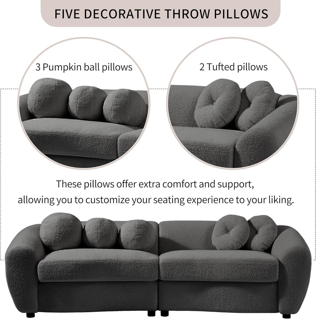Grey Teddy Fabric 3 Seater Sofa with 5 Throw Pillows Z996385