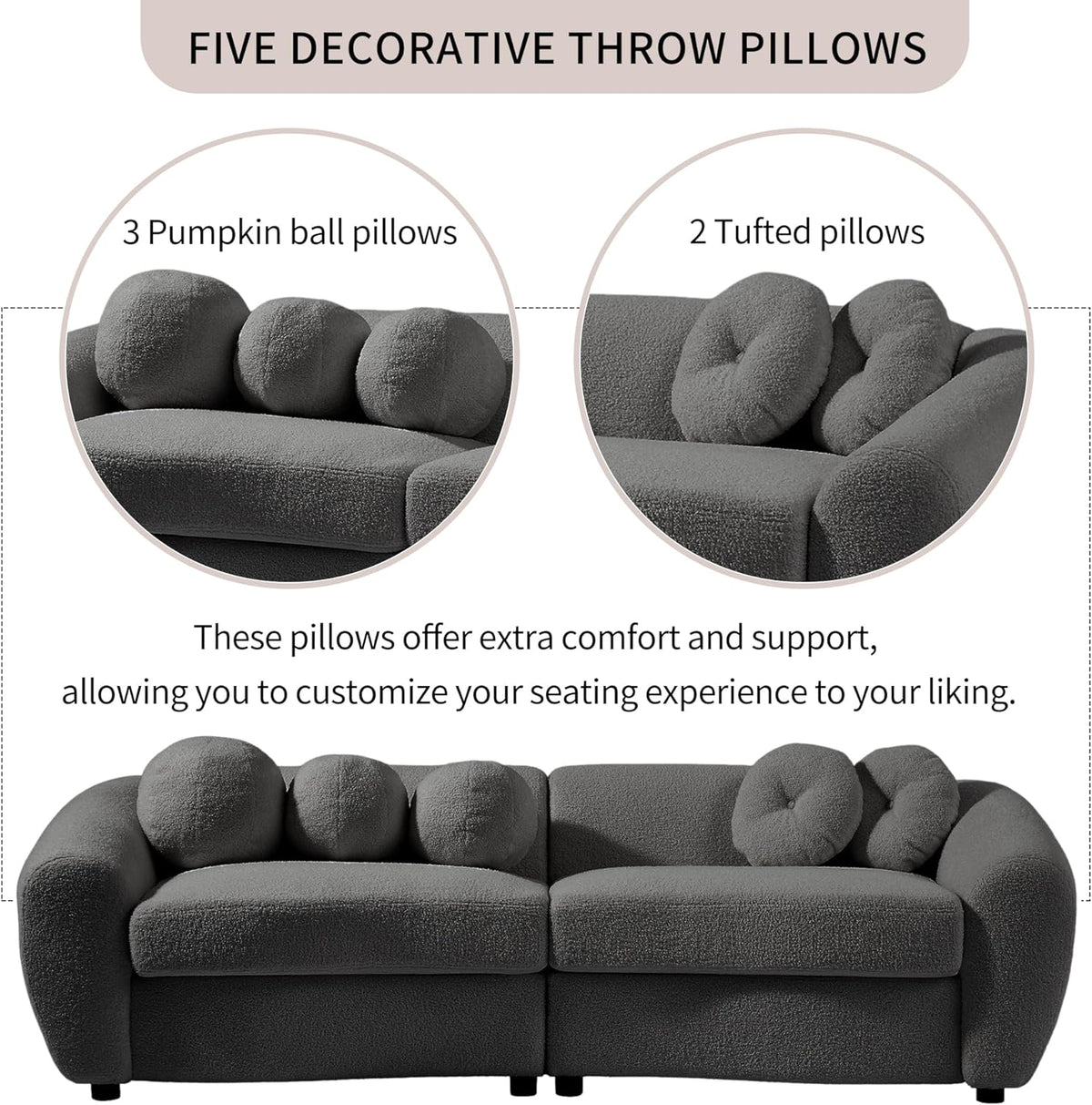 Grey Teddy Fabric 3 Seater Sofa with 5 Throw Pillows Z996385