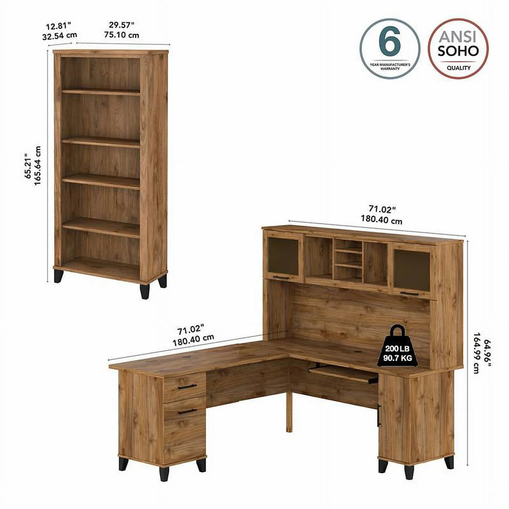 72W L Desk with Hutch and Bookcase in Fresh Walnut T50978