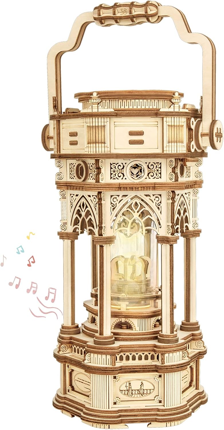 3D Wooden Puzzles Mechanical Music Box DIY Rotating Vintage LED Lantern 11.8 S4576