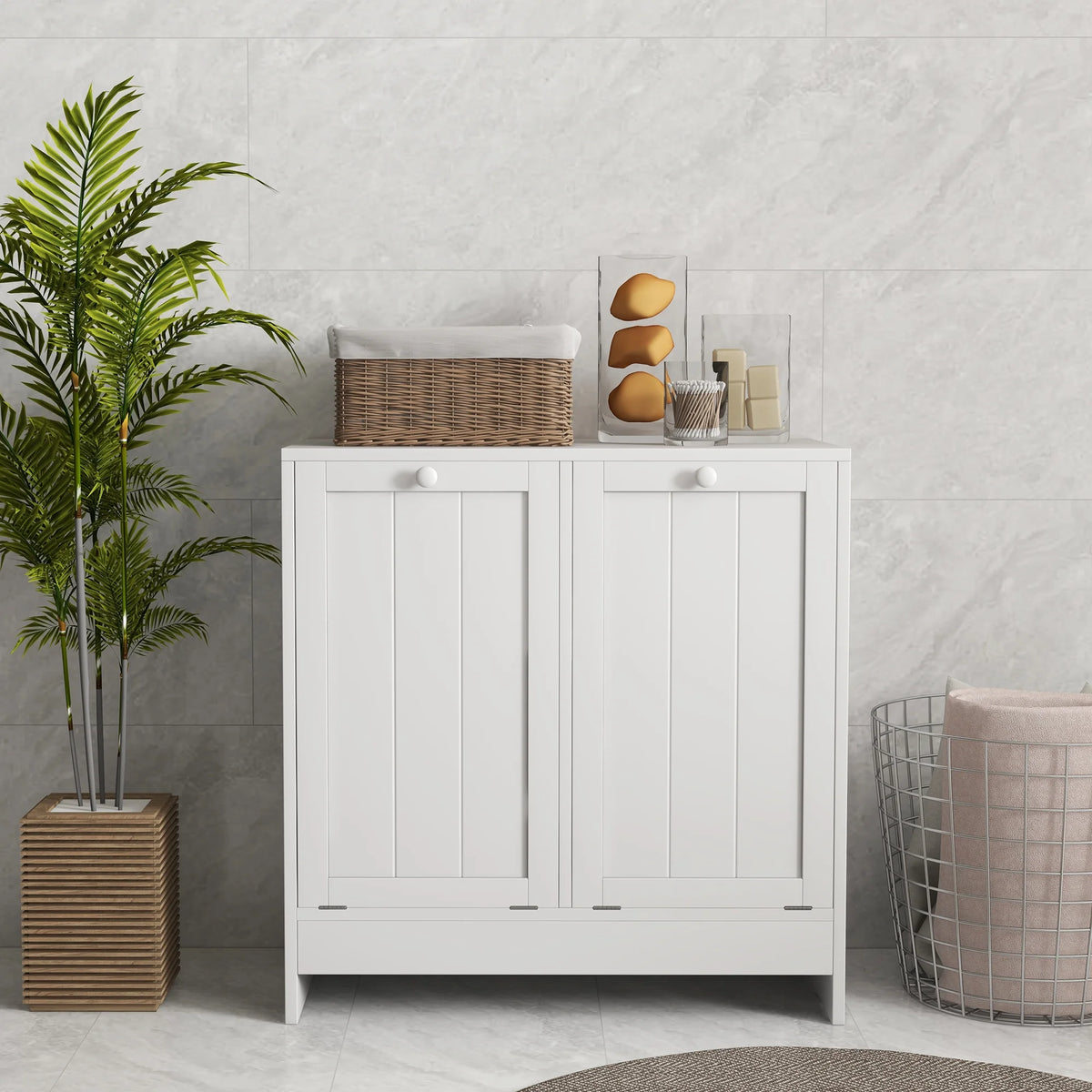 White Tilt-out Laundry Storage Cabinet with 2 Hamper Compartments Q730