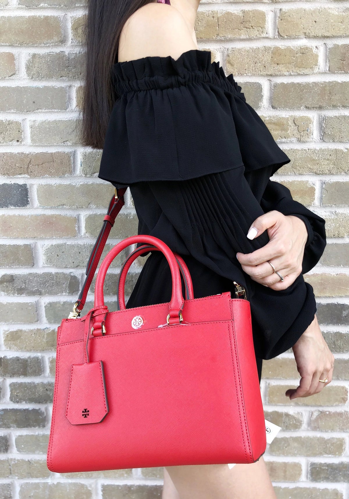 Small Double Zip Tote Satchel Crossbody Bag Poppy Orange Red X92151
