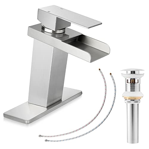 Brushed Nickel Single Handle Waterfall Bathroom Sink Faucet with Pop-up Drain L461