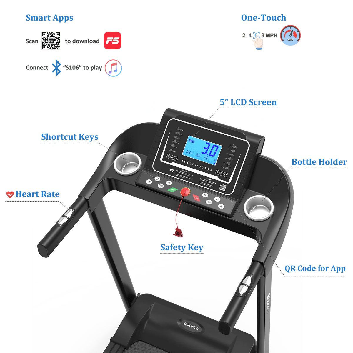 Foldable Treadmill 5 LCD Screen 250 lb Capacity with Bluetooth Y158