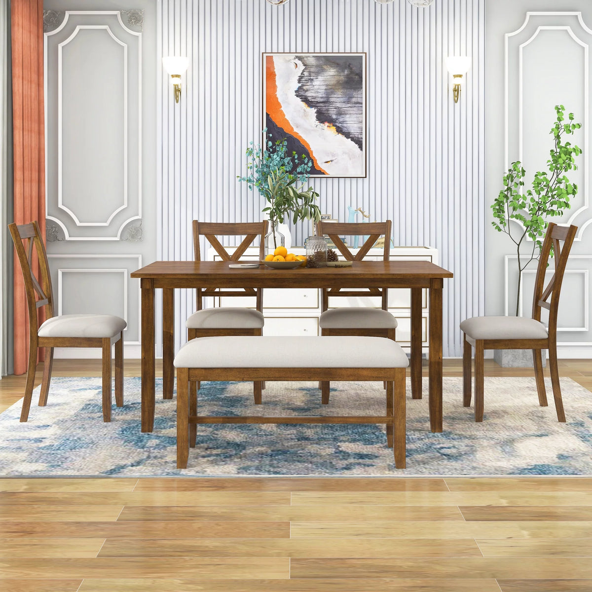 6-Piece Dining Table Set with 4 Upholstered Chairs and Bench Z405